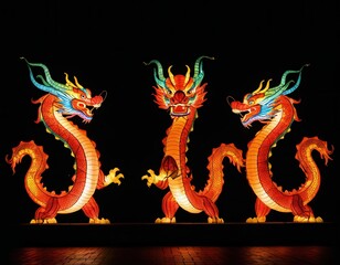 Three vibrant illuminated dragon lanterns stand against a black background...Concept: Chinese New Year celebration, cultural display, festive lights