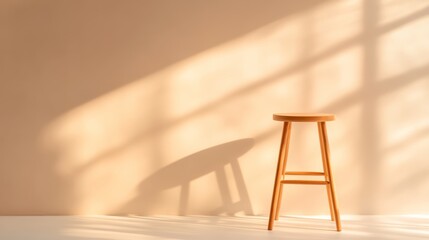 Aufkleber - Simple wooden stool standing in sunlit minimalist kitchen, casting a long shadow on the pastel wall, creating a peaceful and stylish atmosphere
