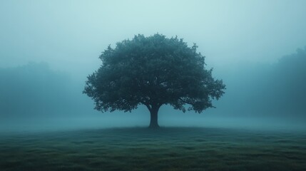 Wall Mural - Mysterious tree stands alone in foggy landscape during early morning hours