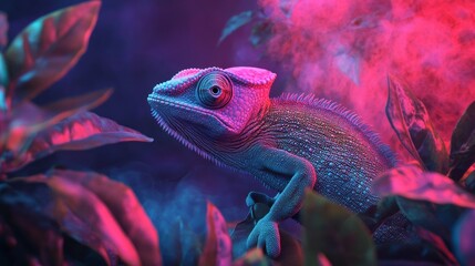 Aufkleber - In a mystical jungle setting, a chameleon adapts its colors to harmonize with the vivid foliage. Its mesmerizing transformation captivates the beauty of nature and the art of camouflage