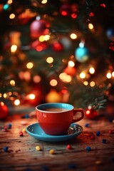 Wall Mural - Festive Cheer Cozy Red Coffee Cup on Table with Holiday Lights and Ornaments Blurred in Background