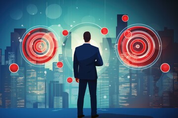 Poster - Businessman looking at futuristic user interface managing and controlling smart city infrastructure