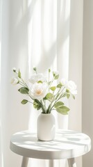 Aufkleber - Sunlight streams through sheer white curtains illuminating a white vase filled with white flowers sitting on a small, round, white table, creating a serene and minimalist scene