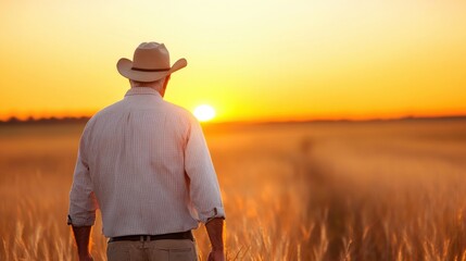 Wall Mural - a cowboy stands silently as the sun sets, casting warm hues over the expansive prairie landscape and