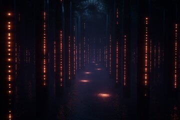 Poster - A magical fractal forest with glowing pathways leading to unknown dimensions.