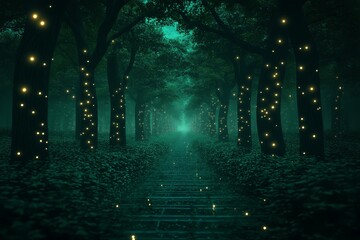 Poster - A magical fractal forest with glowing pathways leading to unknown dimensions.