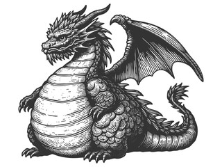 Wall Mural - Chubby faty dragon with intricate scales, wings, and regal expression, blending fantasy and artistry sketch engraving generative ai vector illustration. Scratch board imitation. Black and white image