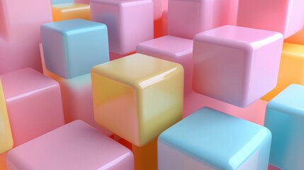 Poster - Colorful pastel cubes interlock in a playful arrangement, showcasing soft shades of pink, blue, and yellow for a modern design element