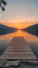 Poster - Calm waters reflect vibrant hues as the sun sets behind distant hills. A rustic dock invites solitude and contemplation, surrounded by nature's beauty in perfect harmony