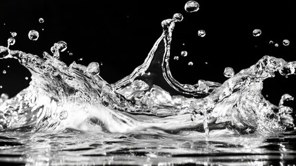Aufkleber - Dynamic 3D illustration of abstract transparent water waves splashes flowing smoothly on black background. Elegant liquid motion concept representing purity, freshness, fluidity in modern digital art
