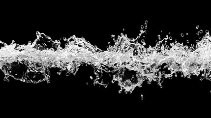 Aufkleber - Dynamic 3D illustration of abstract transparent water waves splashes flowing smoothly on black background. Elegant liquid motion concept representing purity, freshness, fluidity in modern digital art