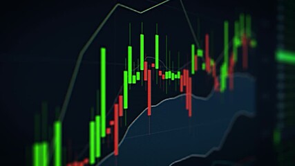 Poster - Computer Screen with Dynamic Stock Market Trends with Fluctuating Candlestick Chart with Real-time Financial Data Analysis. Report with Market Movements, Investment Pattern Insights for Trading