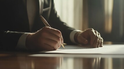 Poster - Businessman signs a finance document at a sunlit desk, showing professionalism and commitment. Finance, investment, contract, business
