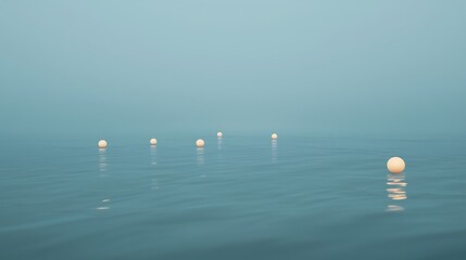 serene ocean scene with white spheres floating on calm water in a tranquil atmosphere.