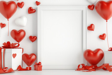 Wall Mural - Beautifully decorated Valentine's Day, framed poster blank, storefront with heart-shaped balloons, red ribbons and glowing lights, romantic atmosphere, mockup