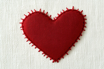Wall Mural - White fabric with a red heart-shaped patch sewn onto it, with visible stitching details around the edges of the heart, minimalist design, on a clean and light background, photorealistic and highly det