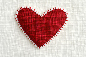 Wall Mural - White fabric with a red heart-shaped patch sewn onto it, with visible stitching details around the edges of the heart, minimalist design, on a clean and light background, photorealistic and highly det