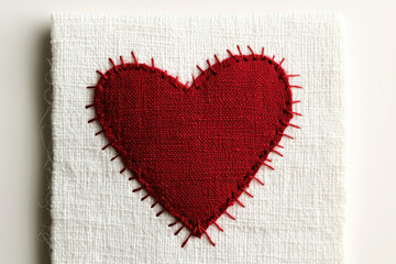 Wall Mural - White fabric with a red heart-shaped patch sewn onto it, with visible stitching details around the edges of the heart, minimalist design, on a clean and light background, photorealistic and highly det