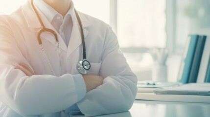 Aufkleber - Doctor wearing a white coat and stethoscope stands with crossed arms in a medical office, conveying professionalism, expertise, and readiness to provide healthcare services