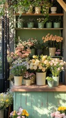 Poster - Delicate blooms in various hues adorn rustic shelves, softly illuminated by buttery sunlight. Vibrant pots and cheerful arrangements create a warm, inviting atmosphere in this floral haven