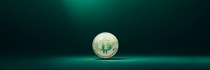 Poster - Golden bitcoin rotating on green background with dramatic lighting representing cryptocurrency investment and financial technology