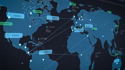 World Map Logistics Software with Real-time Data Points and Connections, Optimizing Global Supply Chain Efficiency. Internet App Visualizing Routes, Tracking Shipments and Gives Operational Insights