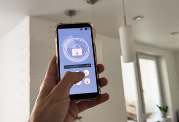 Poster - smart house, home automation, device with app icons. Man uses his smartphone with smarthome security app to unlock the door of his house.