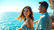 © Creative Factory - giovane donna con un sorriso radioso sulla terrazza di una nave da crociera, i suoi capelli fluttuano dolcemente nella brezza marina mentre ammira la vista panoramica dell'oceano scintillante