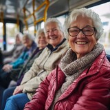 Group of joyful senior women enjoying their time on a city bus during a sunny afternoon outing