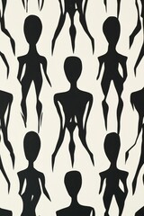 Wall Mural - Black figures, abstract forms, cream background, repeating pattern.