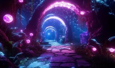 Poster - Neon-lit path through glowing, arched rock formations.