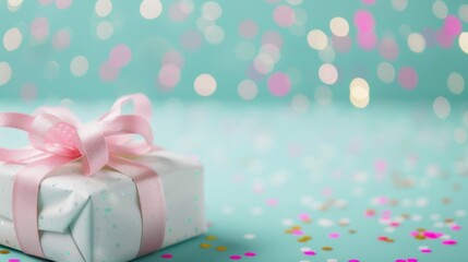 Wall Mural - A beautifully wrapped gift box with a pink ribbon rests on a pastel background, creating a cheerful atmosphere perfect for celebrations