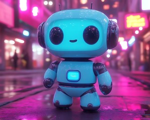 Cute robot in neon city.