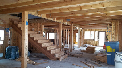 Framed interior of a house under renovation with wood structure