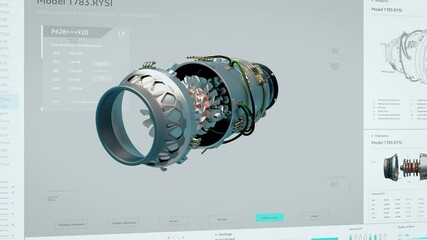 Fototapete - Computer Screen with an Industrial Engineering Software with a High Pressure Compressor on Display. User Interface with Detailed Information on All Jet Engine Parts and Functions