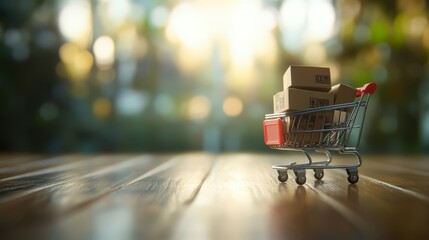 Poster - Miniature shopping cart carrying cardboard boxes is standing on a wooden table with blurred background, representing online shopping, e commerce, and delivery