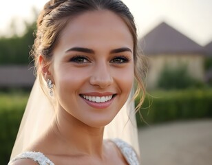 portrait of a young smiling beautiful glowing skin bride in front of nature background closeup shot woman day concept