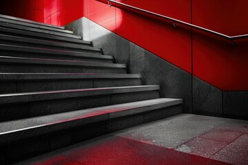 Poster - Grey staircase with metal railing in a modern building with red wall