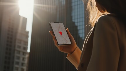 Poster - Businesswoman holding smartphone displaying navigation app with red location pin, standing in urban setting with skyscrapers and sunlight, using technology for travel and commuting