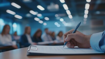 Aufkleber - Close up view of a businessmans hand writing notes on a clipboard during a business conference, with colleagues engaged in discussions blurred in the background