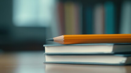 Poster - Orange pencil lies on a stack of books, with a blurred library bookshelf in the background, creating a concept of education, knowledge, and studying