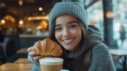 young woman eating croissant and drinking coffee at cafe table