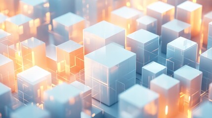 Poster - A mesmerizing cityscape unfolds with an array of glowing cubical buildings, their surfaces reflecting vibrant lights. The scene radiates a sense of advanced technology and artistic innovation