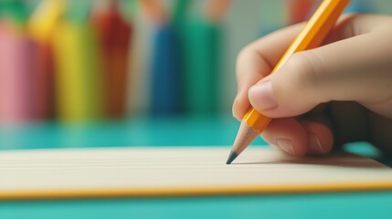 Aufkleber - Close up of a child's hand holding a pencil and writing in a lined notebook, surrounded by a blurred background of colorful art supplies, evoking a playful learning atmosphere