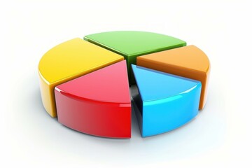 Poster - Shiny 3d pie chart divided into five colorful segments, visualizing data and market analysis on a clean white background