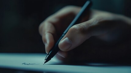 Aufkleber - Close up of a hand holding a pen and signing a document, emphasizing financial agreements, investments, and business transactions in a dimly lit office setting
