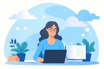 Poster - Woman using laptop for work or study, with open book and plants, representing focus and productivity in a comfortable environment