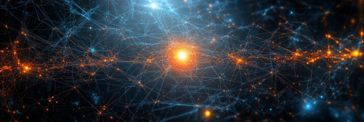 Poster - Abstract Cosmic Neural Network with Intertwined Blue and Orange Fractal Lines on a Dark Background