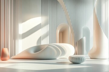 Poster - Sunlit minimalist room, curved white furniture, slatted walls.