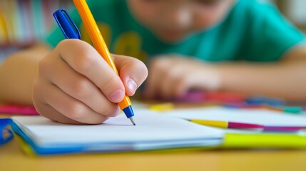 Aufkleber - Close up of a child's hand holding a pen and writing in a notebook, surrounded by colorful pens in a blurred classroom setting, highlighting education and childhood development